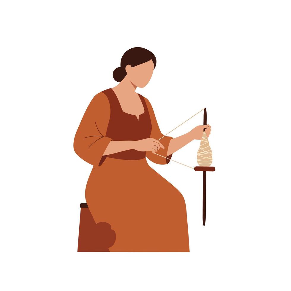 Woman spinning yarn in traditional attire with flat design style art vector