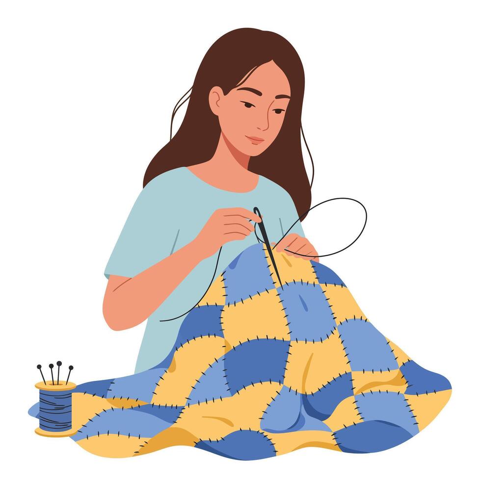 Woman sewing a colorful quilt in flat illustration style with sewing materials and tools art vector