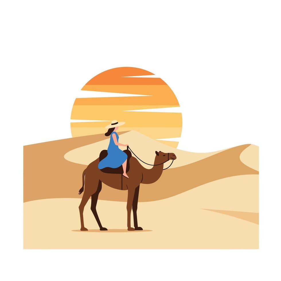 Camel rider against a vibrant sunset in a flat illustration vector
