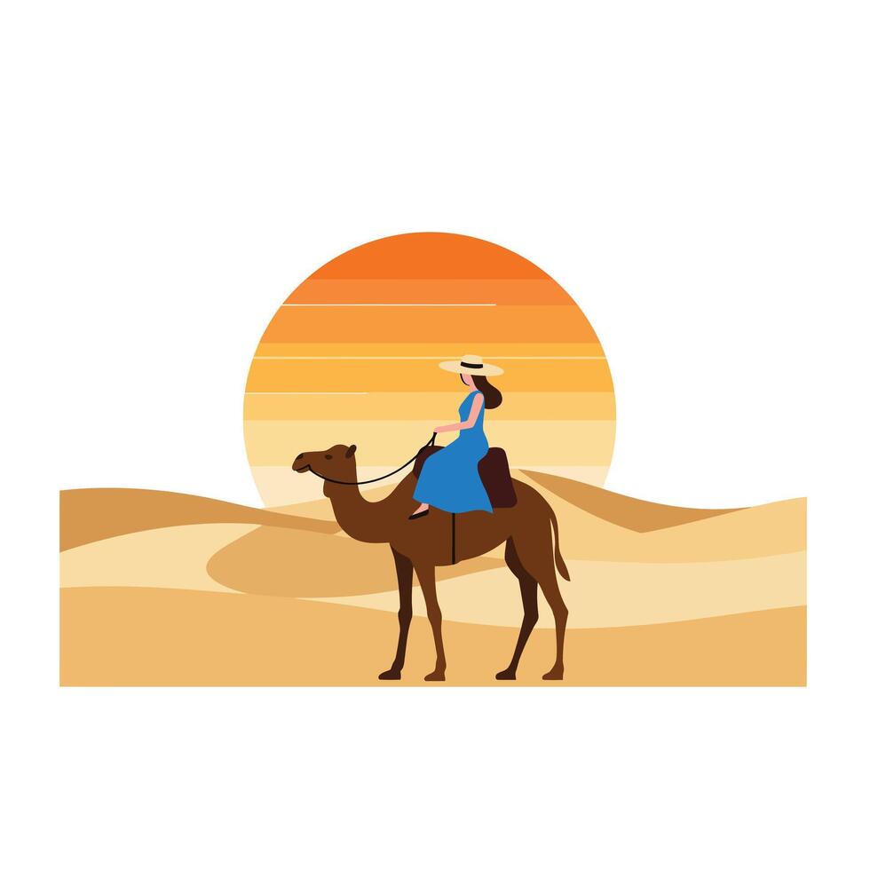 Camel rider in desert landscape with sunset, minimal design illustration vector