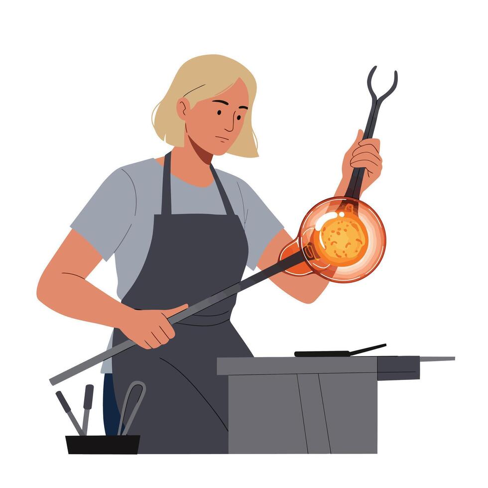 Woman shaping molten glass with tools in flat art style illustration vector