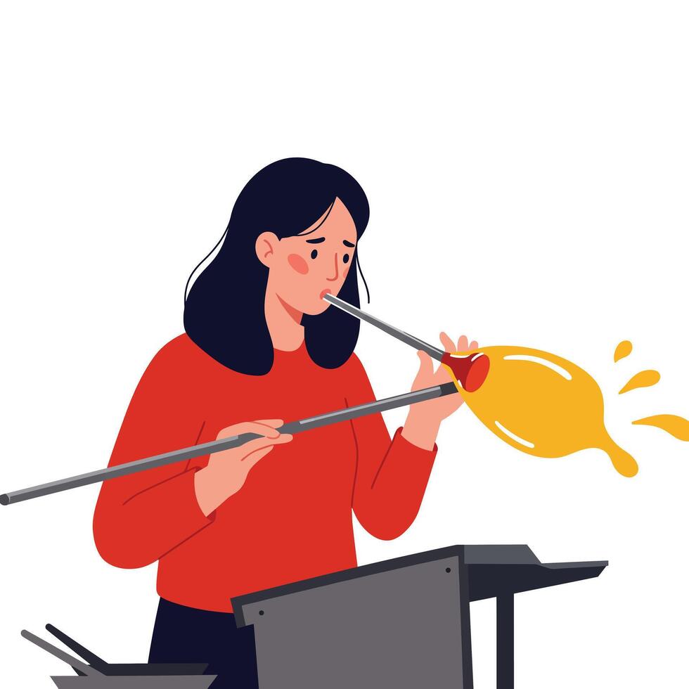 Glassblower shaping vibrant molten glass with tools in a flat illustration vector
