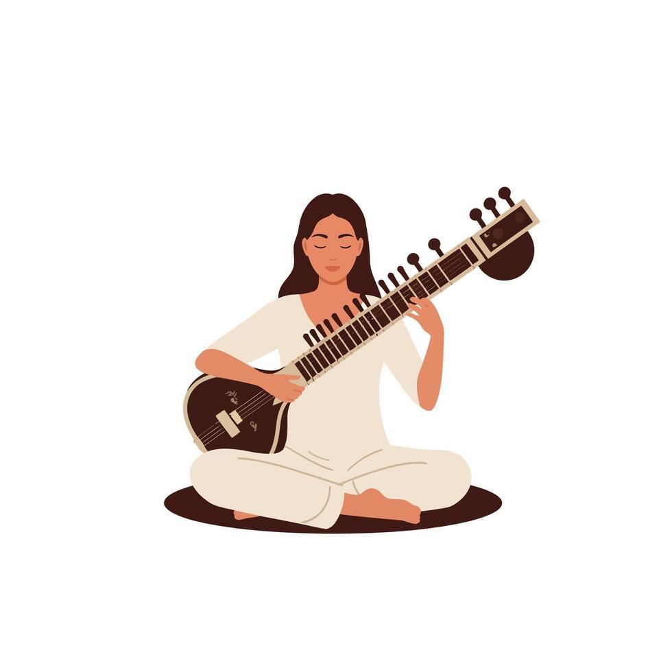 Woman playing a sitar in a calm pose, minimal design illustration vector