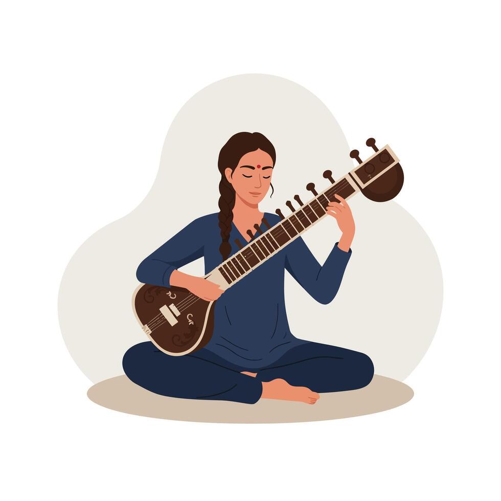 Woman playing a sitar in a calm pose, minimalistic and modern illustration vector