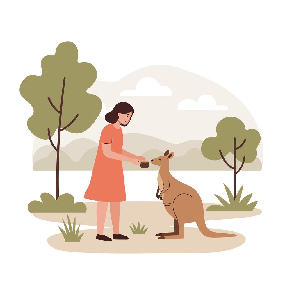 Woman feeding kangaroo in a natural setting with minimalistic design art vector