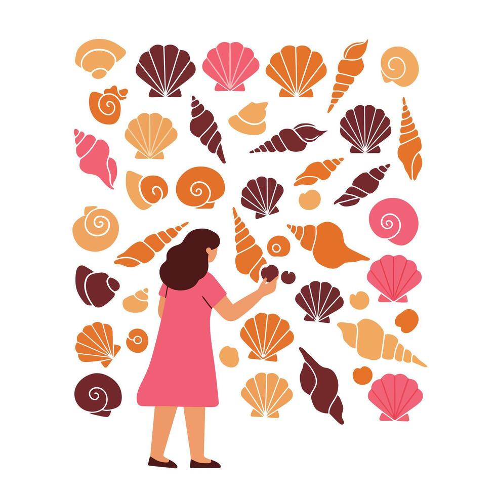 Woman collecting seashells in a playful minimal style illustration vector