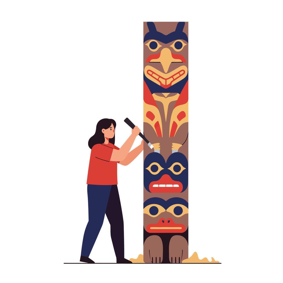 Woman carving intricate designs on a totem pole in flat art vector