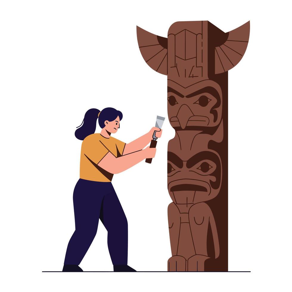 Craftsman carving detailed totem pole in flat art style vector
