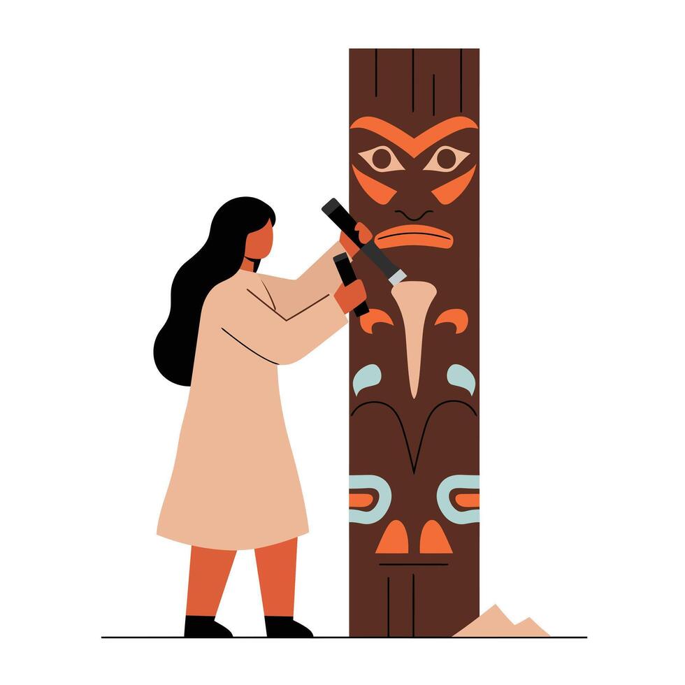 Woman carving intricate design on wooden totem in flat art vector