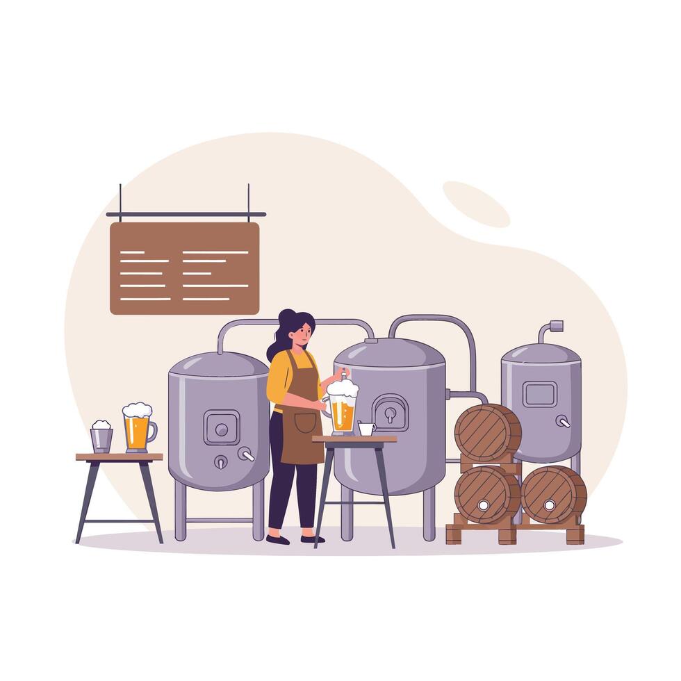 Woman brewing beer in modern brewery with flat design art vector