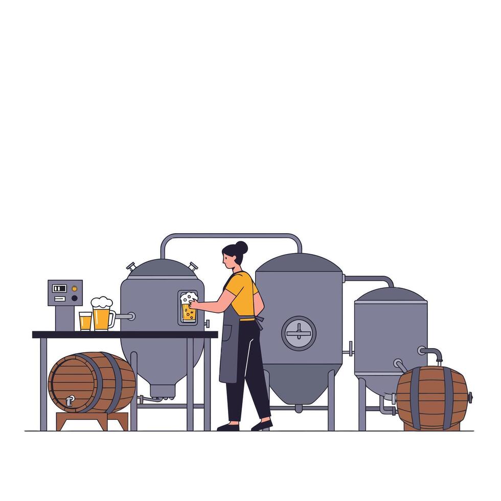 Brewing process with equipment and person in flat illustration vector