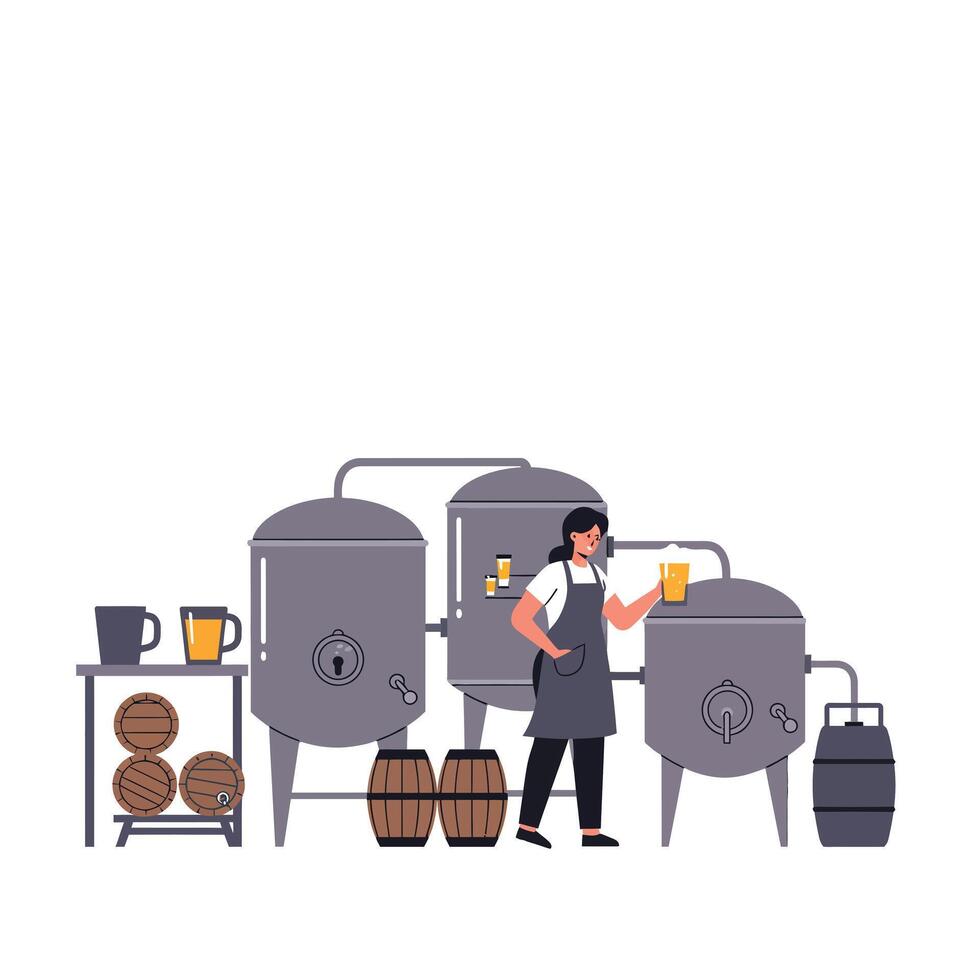 Brewing process with barrels and tanks in flat art style vector