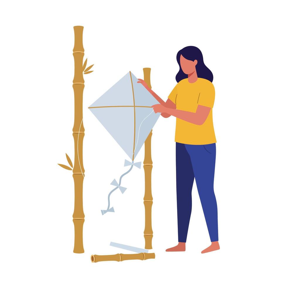 Person flying a kite with bamboo structure in flat art vector