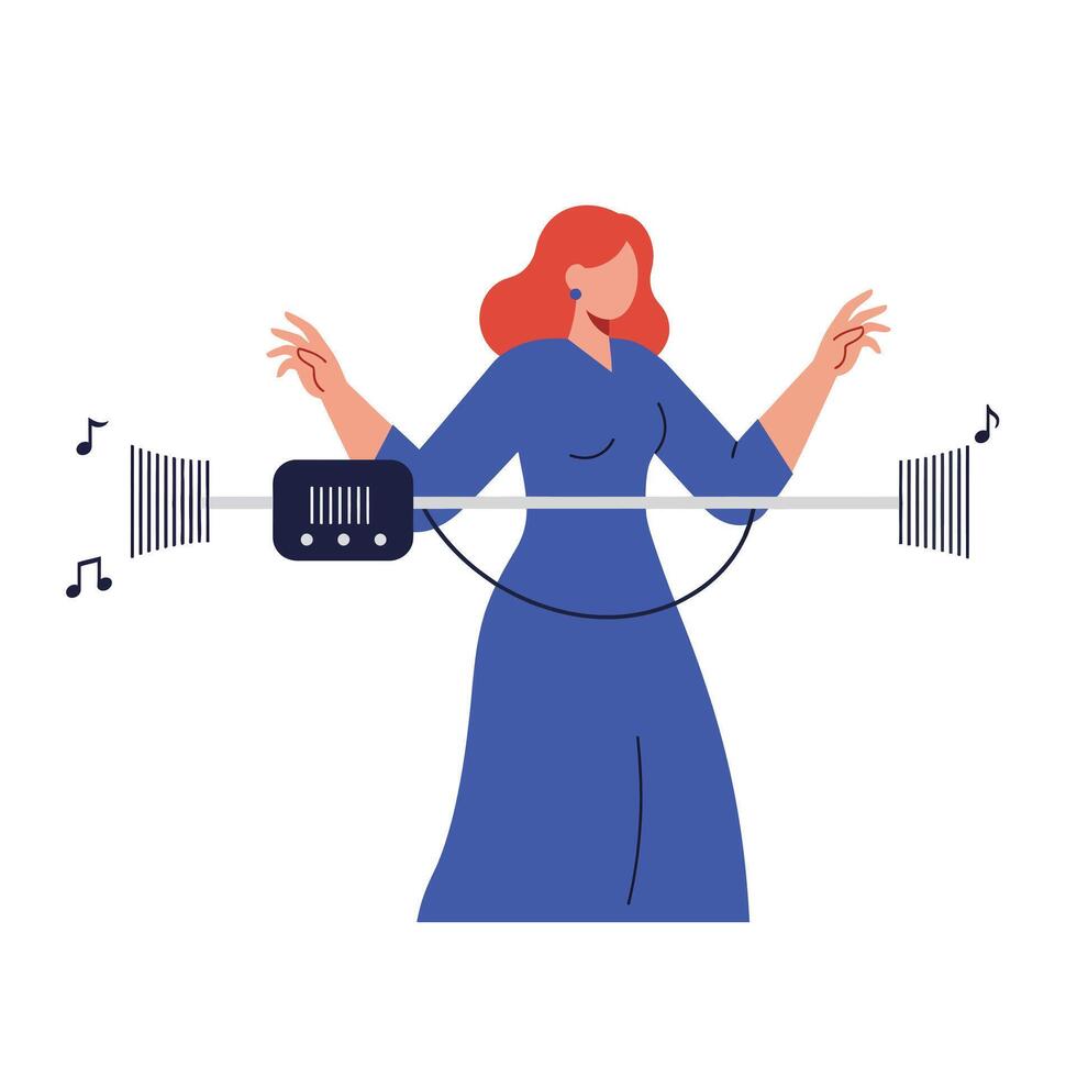 Woman dancing joyfully with sound waves in flat art style vector