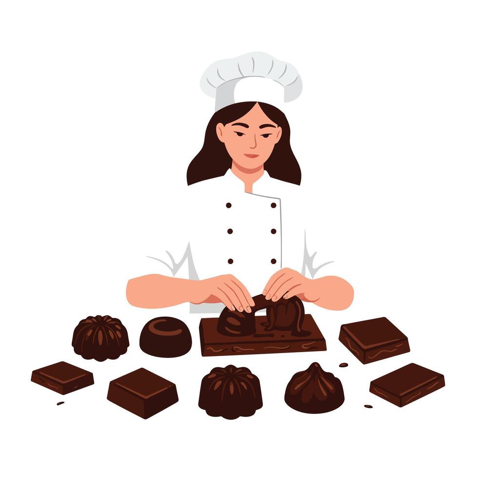 Chocolate chef creating desserts in flat design style illustration vector