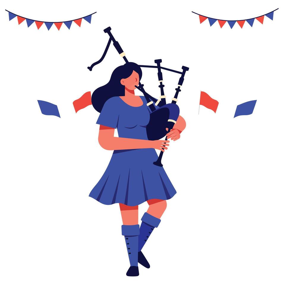 Woman playing bagpipes in blue dress with festive decorations in flat art vector