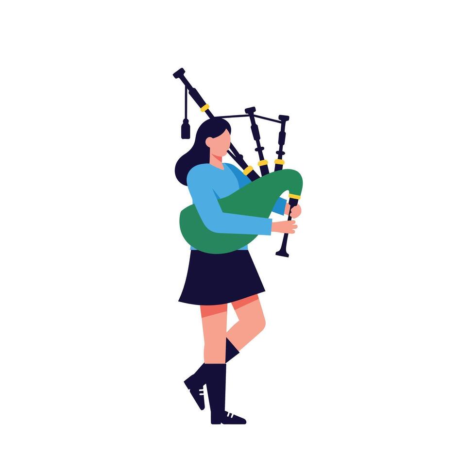 Woman playing bagpipes in vibrant colors with minimal design style illustration vector
