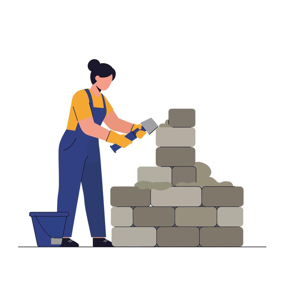 Woman building a stone wall with a trowel in flat art vector