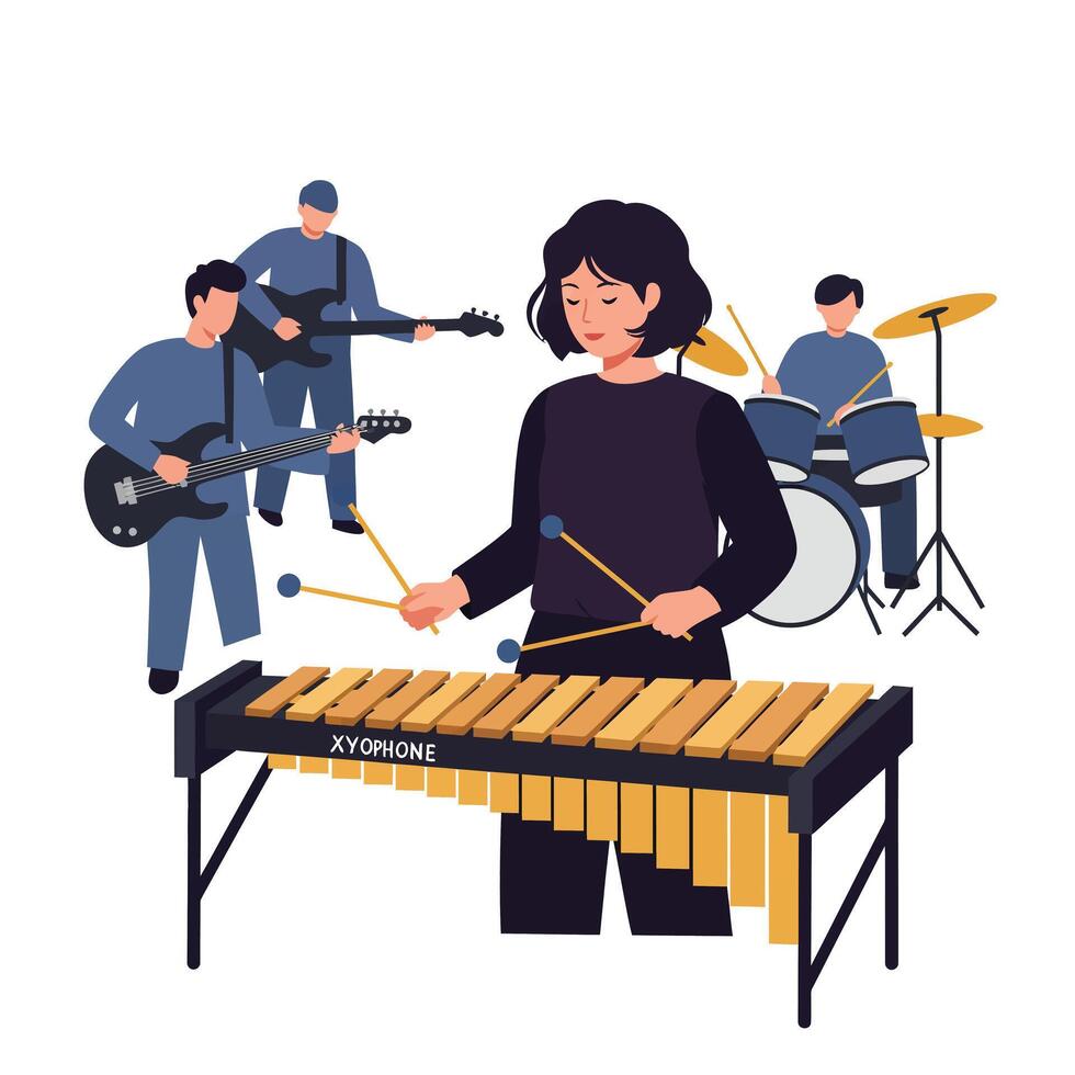 Musician playing xylophone with band in flat illustration style vector