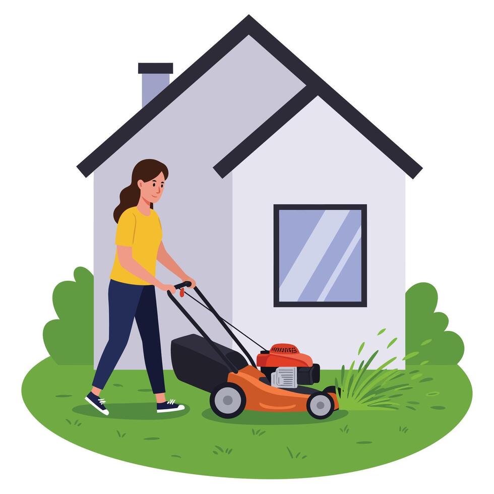 Woman mowing grass outside a house in flat style art vector
