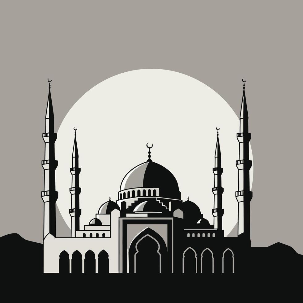 Detailed silhouette of a mosque under a full moon in flat art vector