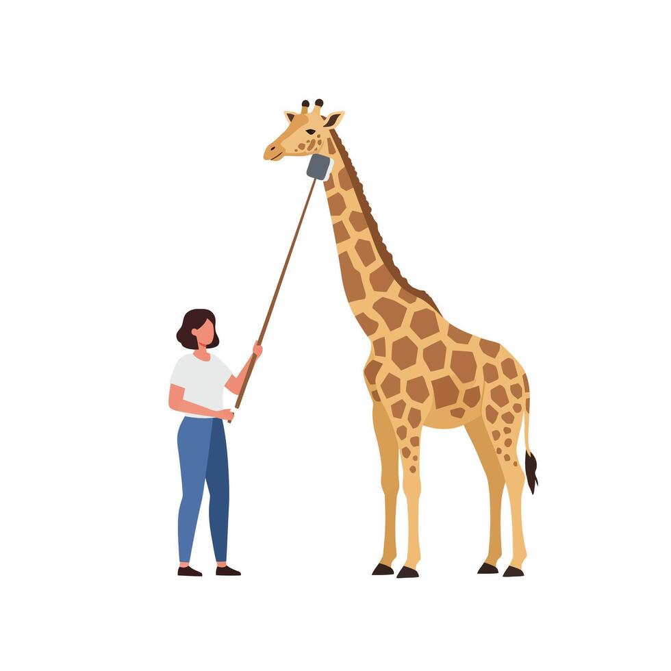 Giraffe with a woman feeding it in flat art style vector