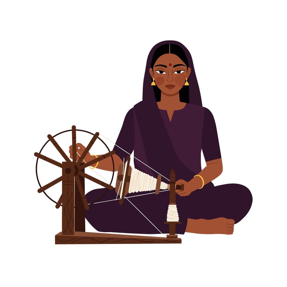 Woman weaving fabric with spinning wheel in flat art style vector