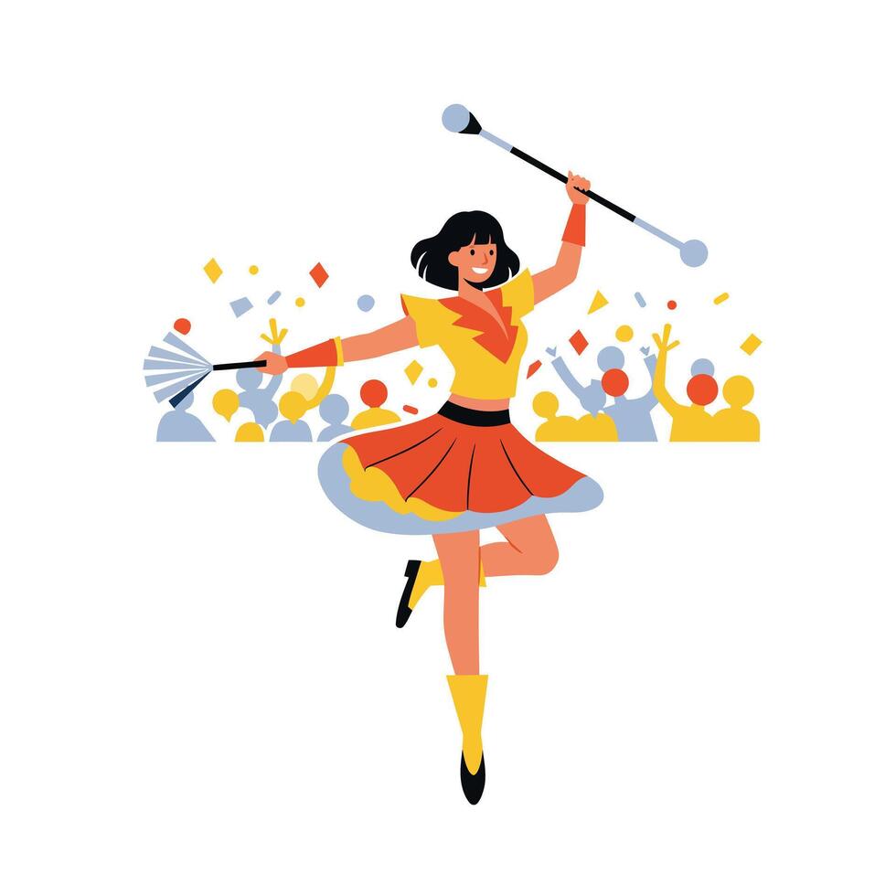 Cheerleader performing dynamic dance with baton in flat art style vector