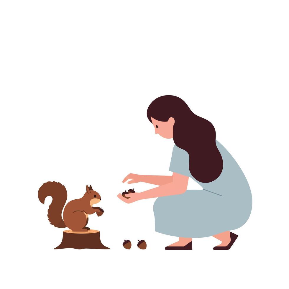 Squirrel and Girl Feeding Interaction in Flat Minimal Illustration vector