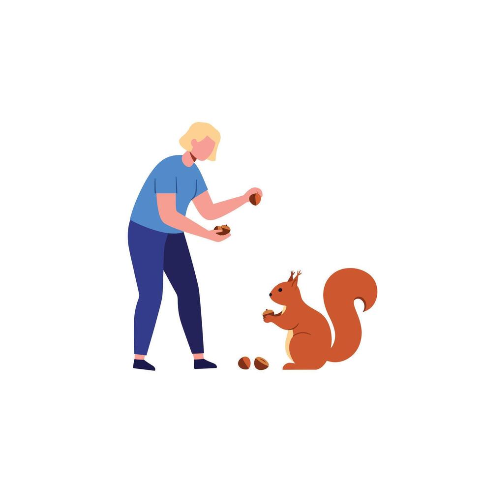 Person feeding a squirrel in a flat and colorful illustration vector