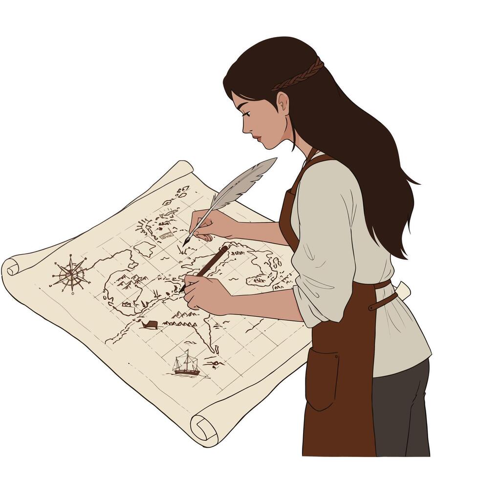 Woman drawing on a vintage map with a feather quill in flat art vector