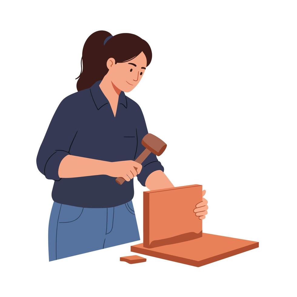 Woman using hammer to assemble wooden piece in flat art vector