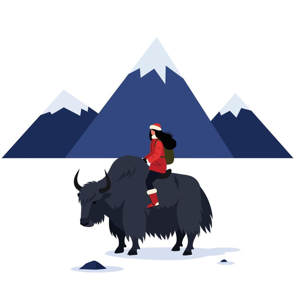 Adventurer riding a black yak in a snowy mountain landscape flat art vector