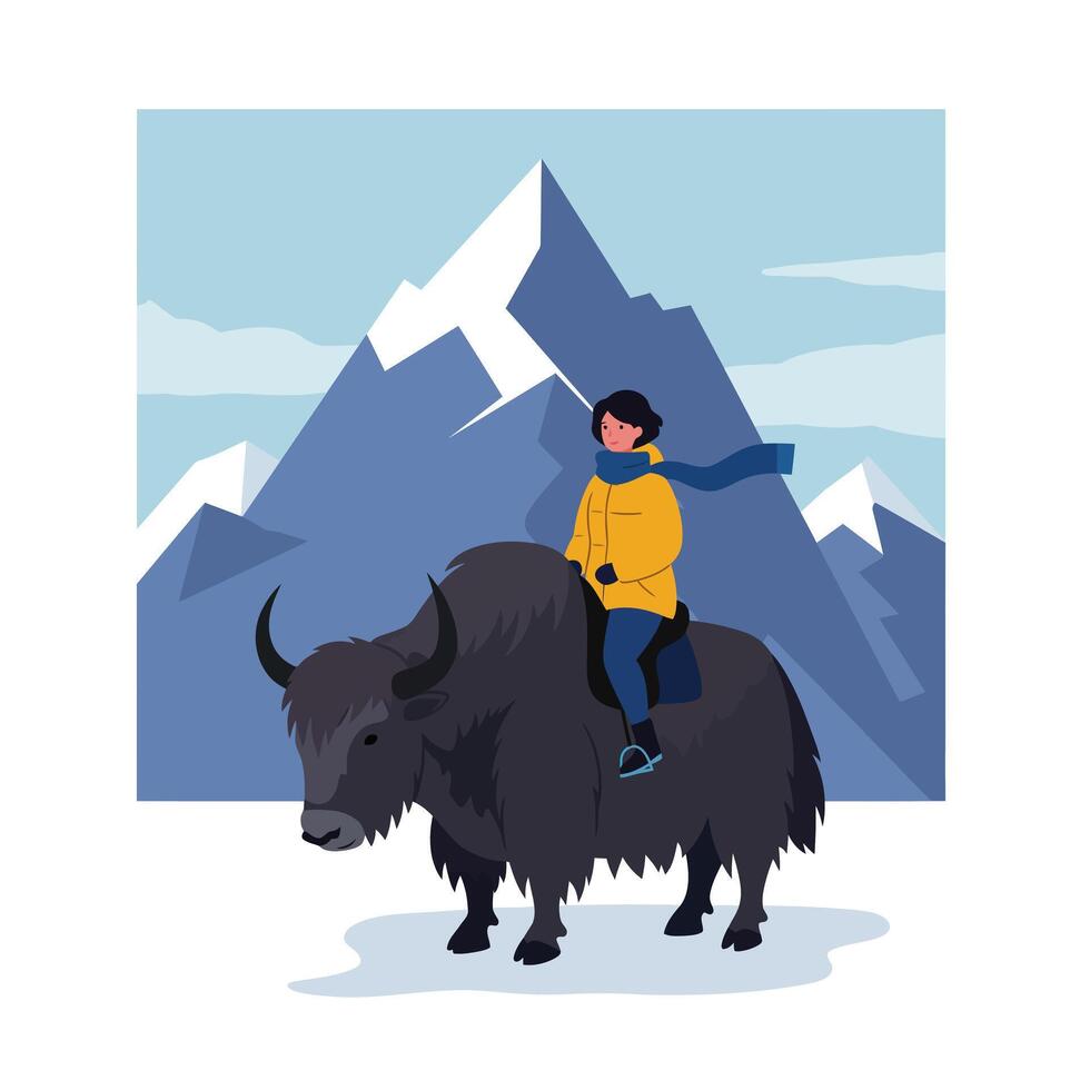 Young rider in yellow jacket on a yak against mountain backdrop in flat art vector