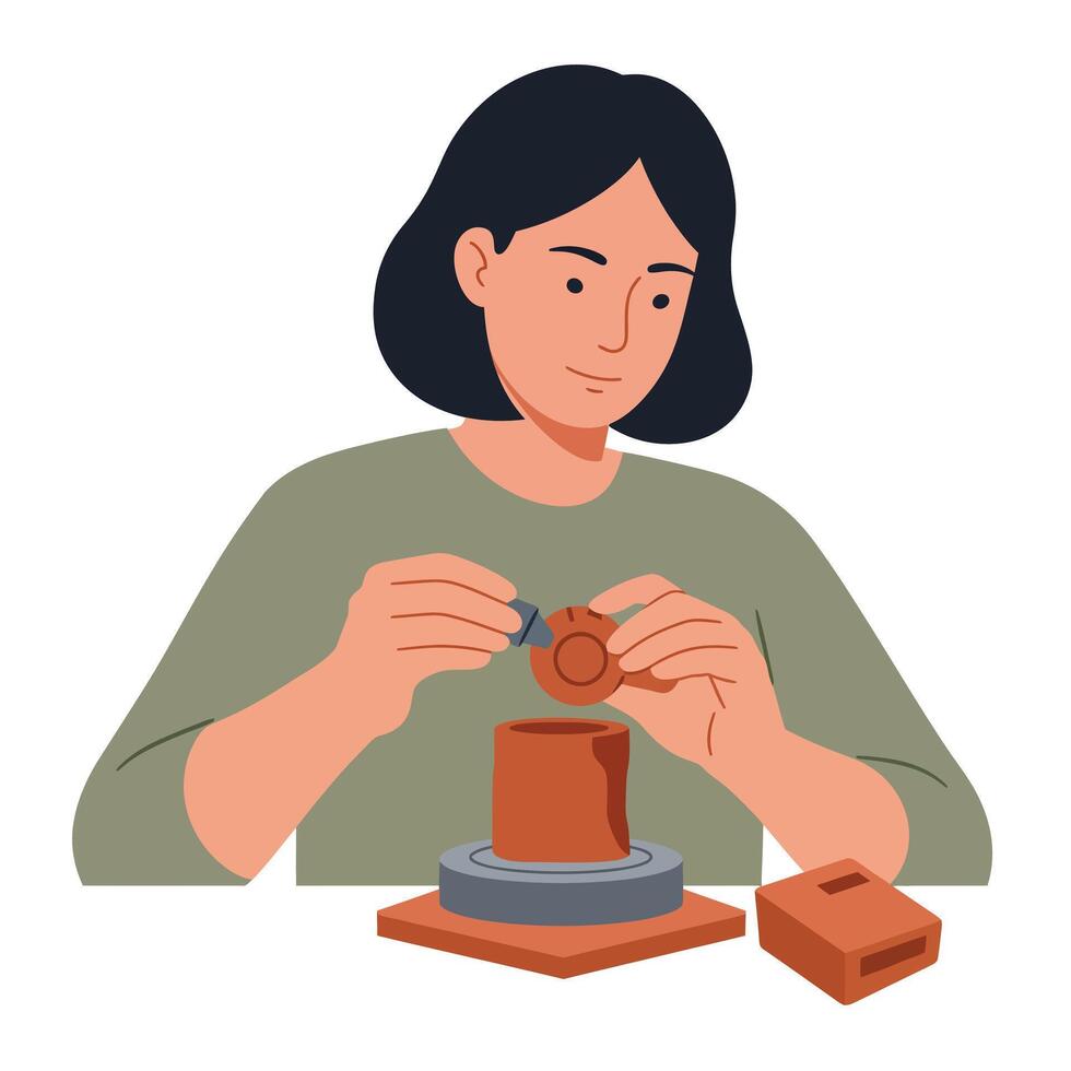 Woman sculpting clay on pottery wheel in flat art illustration vector
