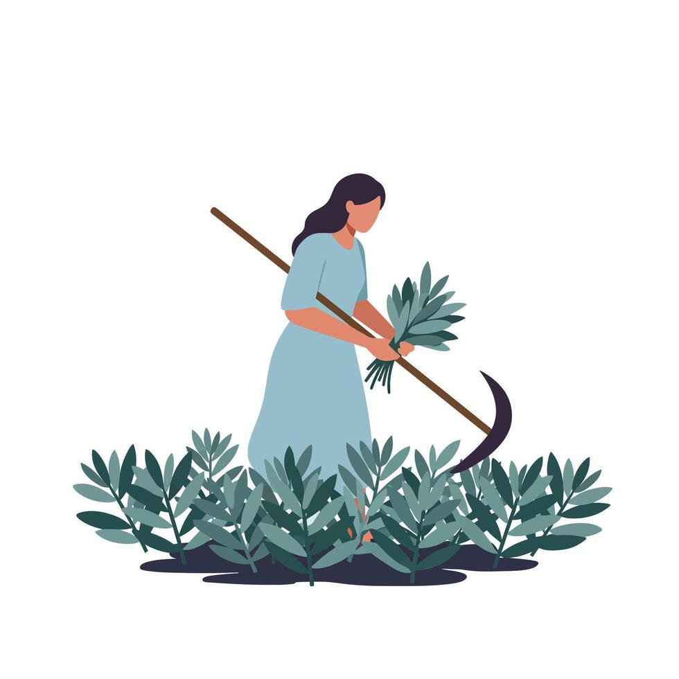 Woman harvesting plants with a scythe in flat art style vector