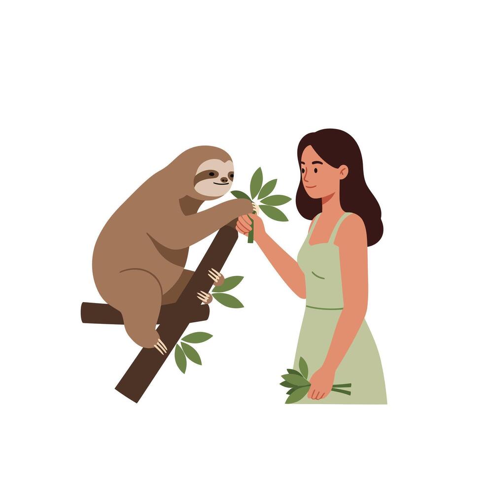Sloth interacting with a woman in flat style art vector