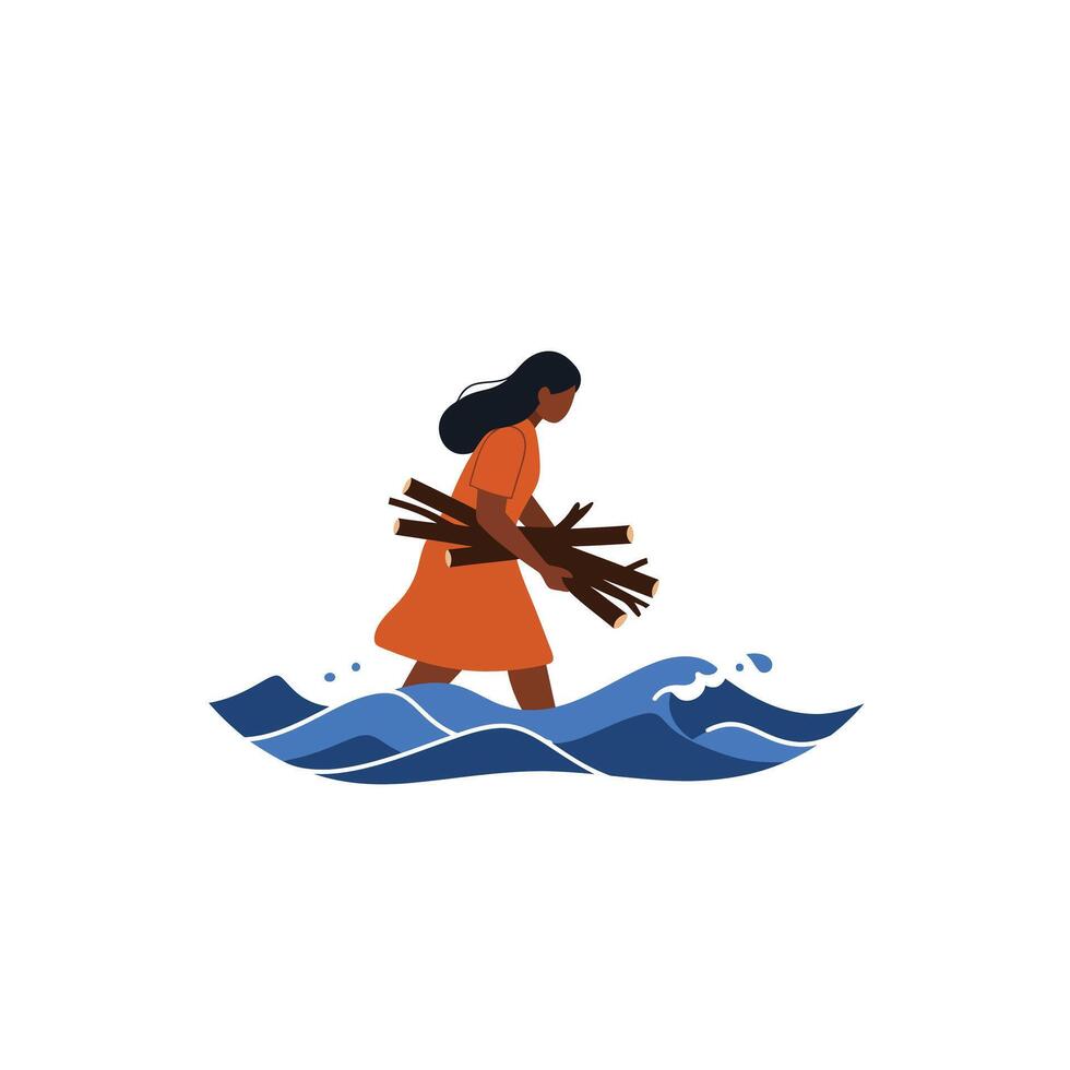 Woman carrying sticks through waves in flat, minimal art vector
