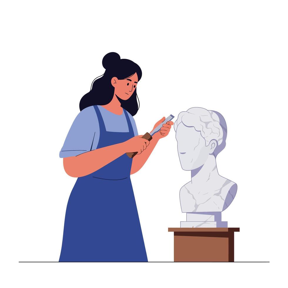 Sculptor working on marble bust in flat illustration style vector