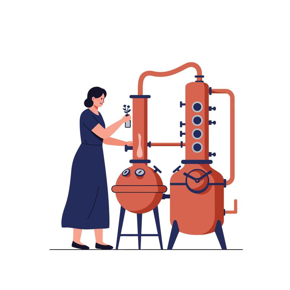 Woman operating distillation equipment in flat design art vector