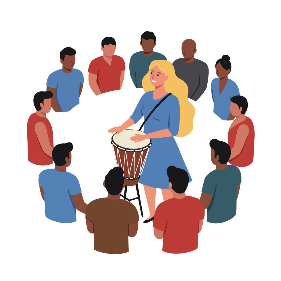 Group of People Engaging in Drumming Session in Flat Art vector