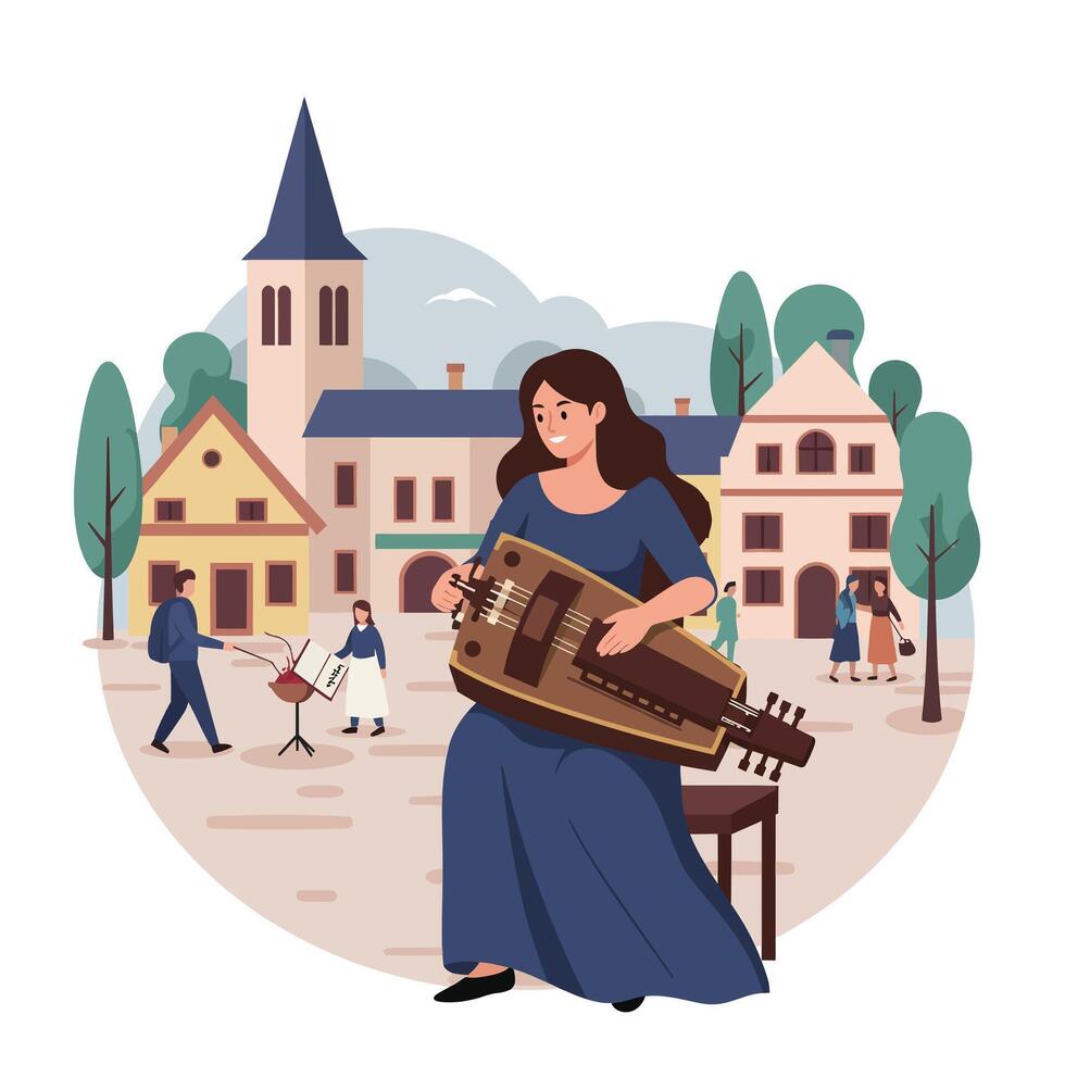 Woman playing a musical instrument in a quaint village scene, flat illustration vector