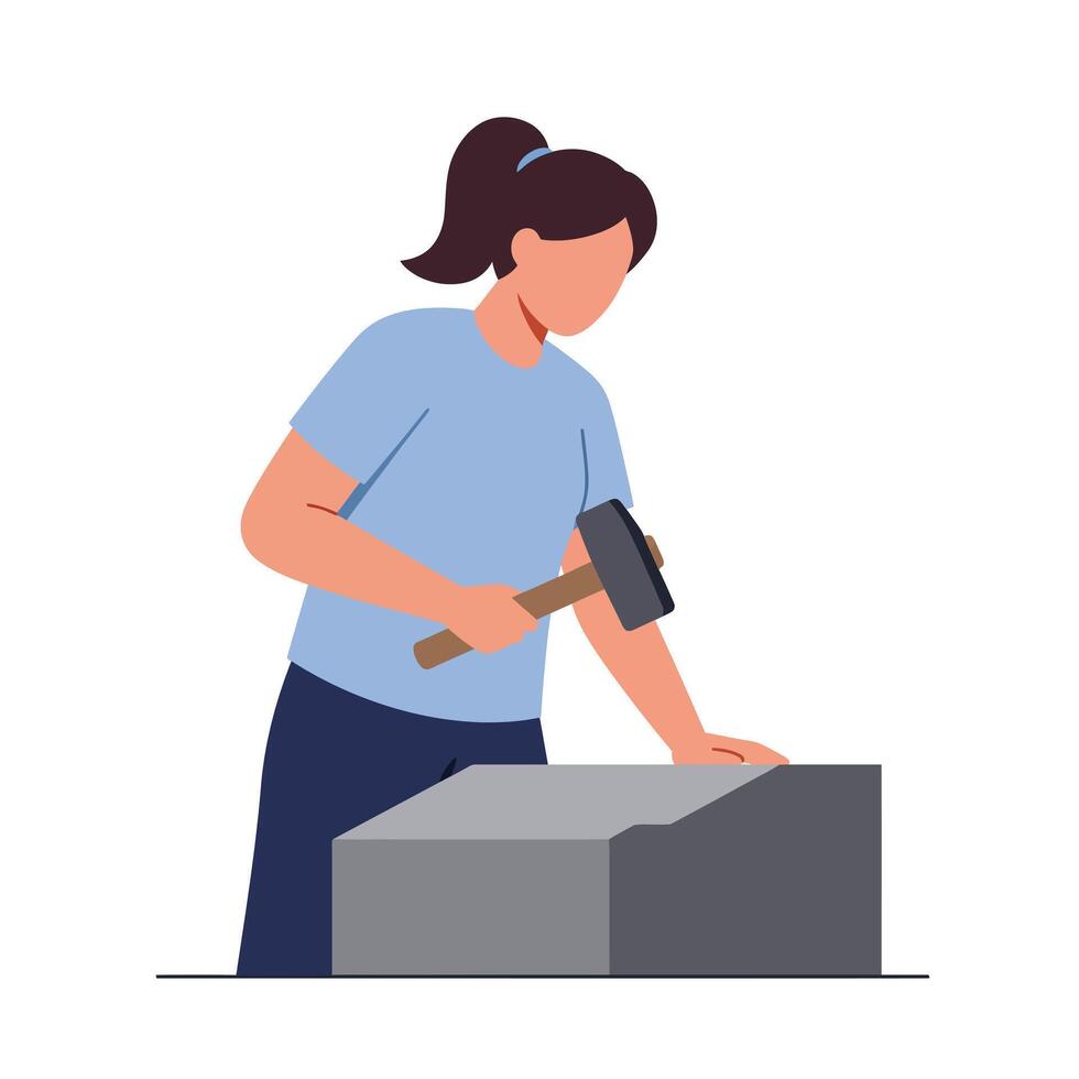 Woman using a hammer on a stone in flat illustration vector