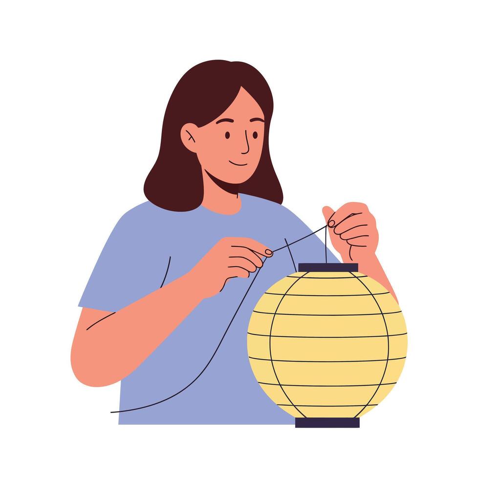 Woman creating a decorative paper lantern in flat art style vector