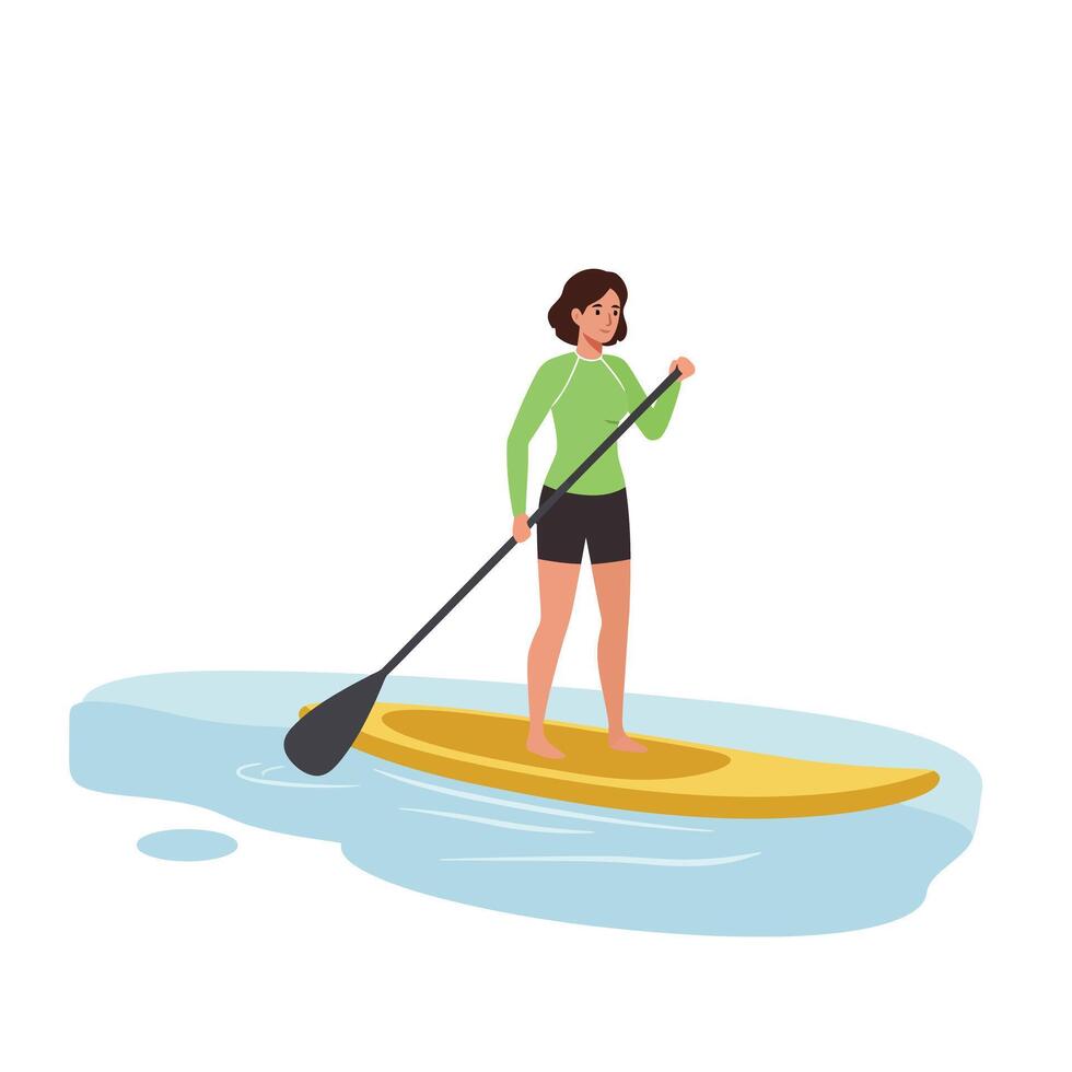 Woman paddling on a yellow paddleboard in flat illustration vector