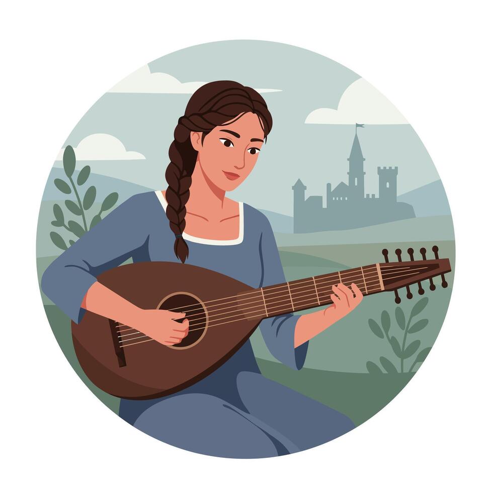 Woman playing a lute in a flat style art illustration with a castle background vector
