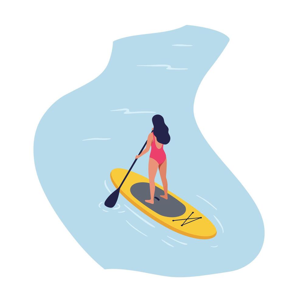 Woman paddling on a yellow stand up paddleboard in flat art vector
