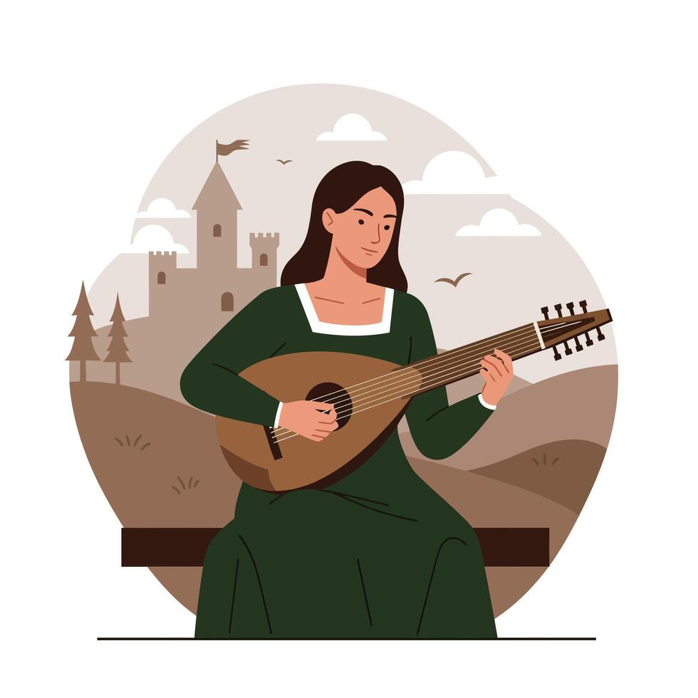 Woman playing a lute in a medieval scene with flat art vector