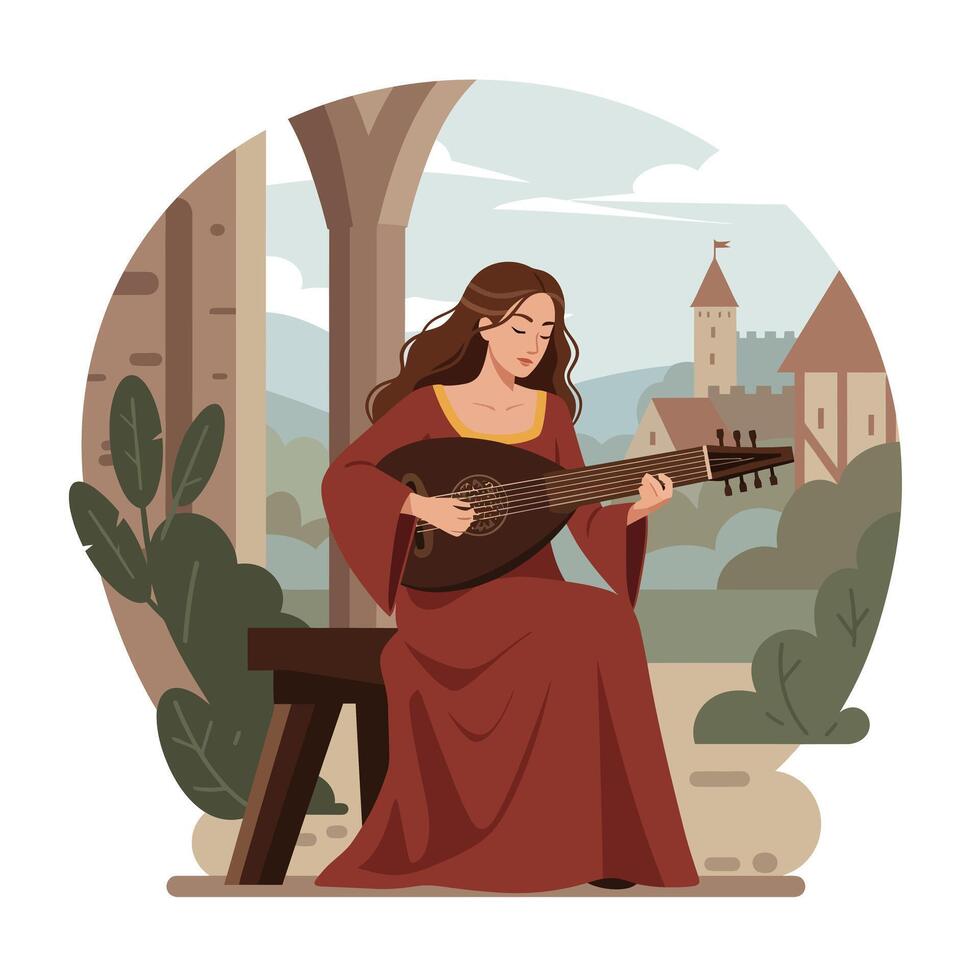 Woman playing lute in serene landscape with flat design style art vector