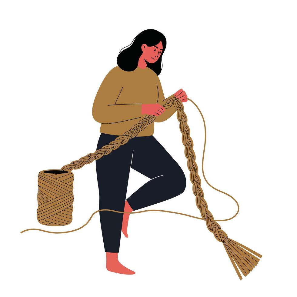 Woman creating a braided rope using natural fibers in flat art vector